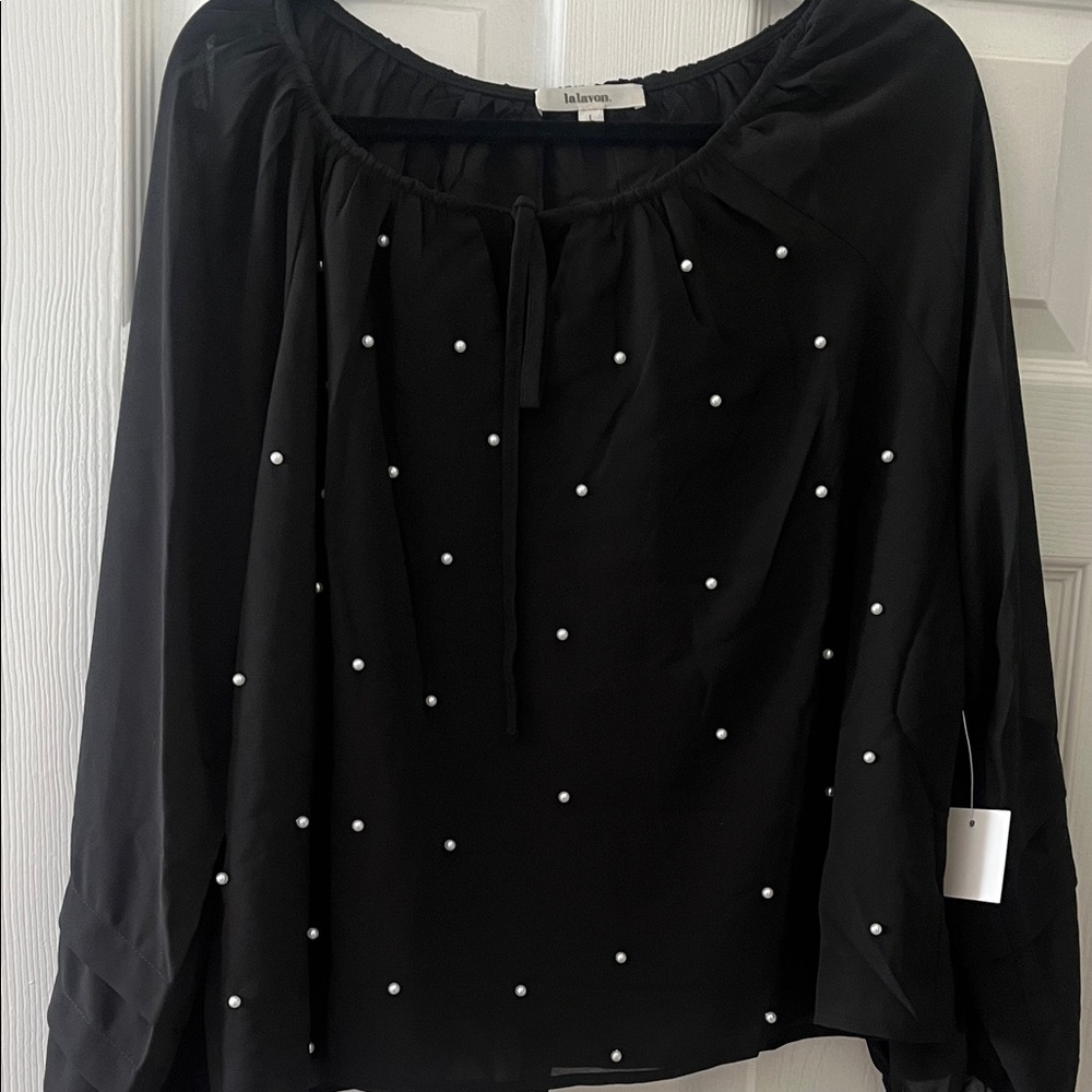 Lulu's Black Pearl-Studded Tie-Neck Peasant Blouse